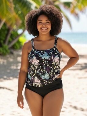 Black Floral Tankini Top Only With Adjustable Straps and Shelf Bra Size 22W